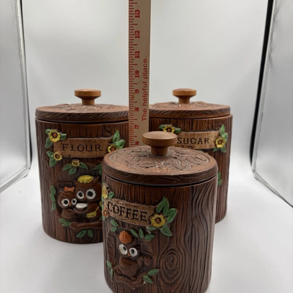 Vtg 1970's Woodsy Owl  Stump Canisters Treasure Craft USA Set of 3‎ MCM Rare HTF